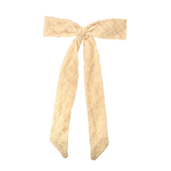 6.5 Inch Eyelet Hair Bow with 10 Inch Tails - Cream