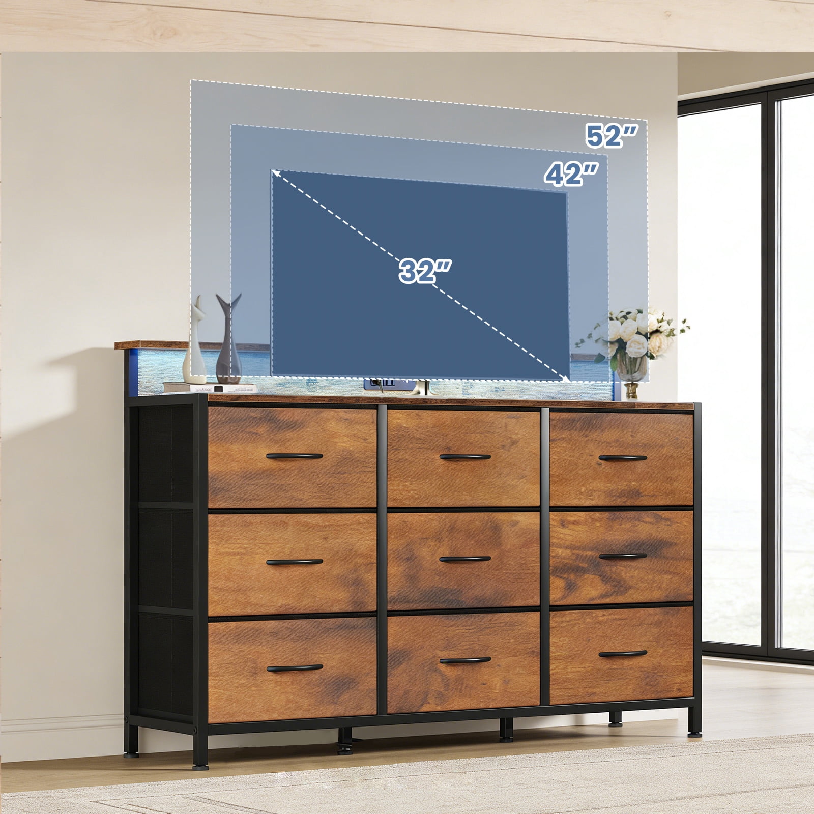 edx 9-Drawer Fabric Dresser TV Stand, Multifunctional Storage Cabinet with Power Outlets & LED Light, Rust