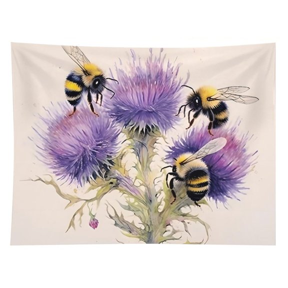 GooTPa Bees Thistle Blossom Group Polyester Wall Tapestry Anti Wrinkle Art Hanging Decor for Bedroom Living Room Home Holiday Decoration Gift