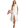thumbnail image 2 of Womens Summer Casual Dress V Neck Cap Sleeve Zipper Front Flowy Midi Dress with Pockets White L, 2 of 8
