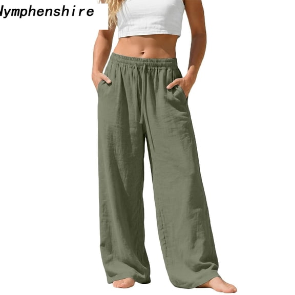 Nymphenshire Womens Wide Leg Linen Pants High Waist Straight Leg Loose Casual Summer Flowy Palazzo Pants Elastic Waist Comfortable Long Pants Green