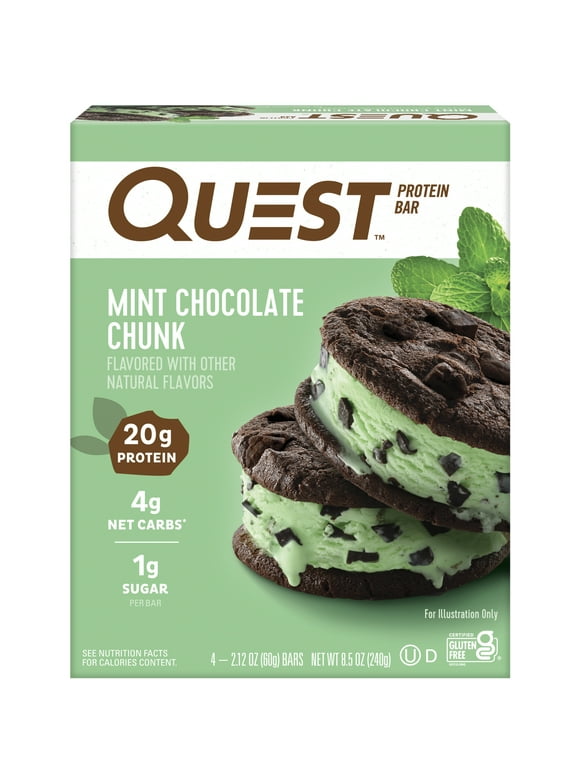 Quest Protein Bar, Low Carb, Gluten-Free, Mint Chocolate Chunk, 20g Protein, 4 Count