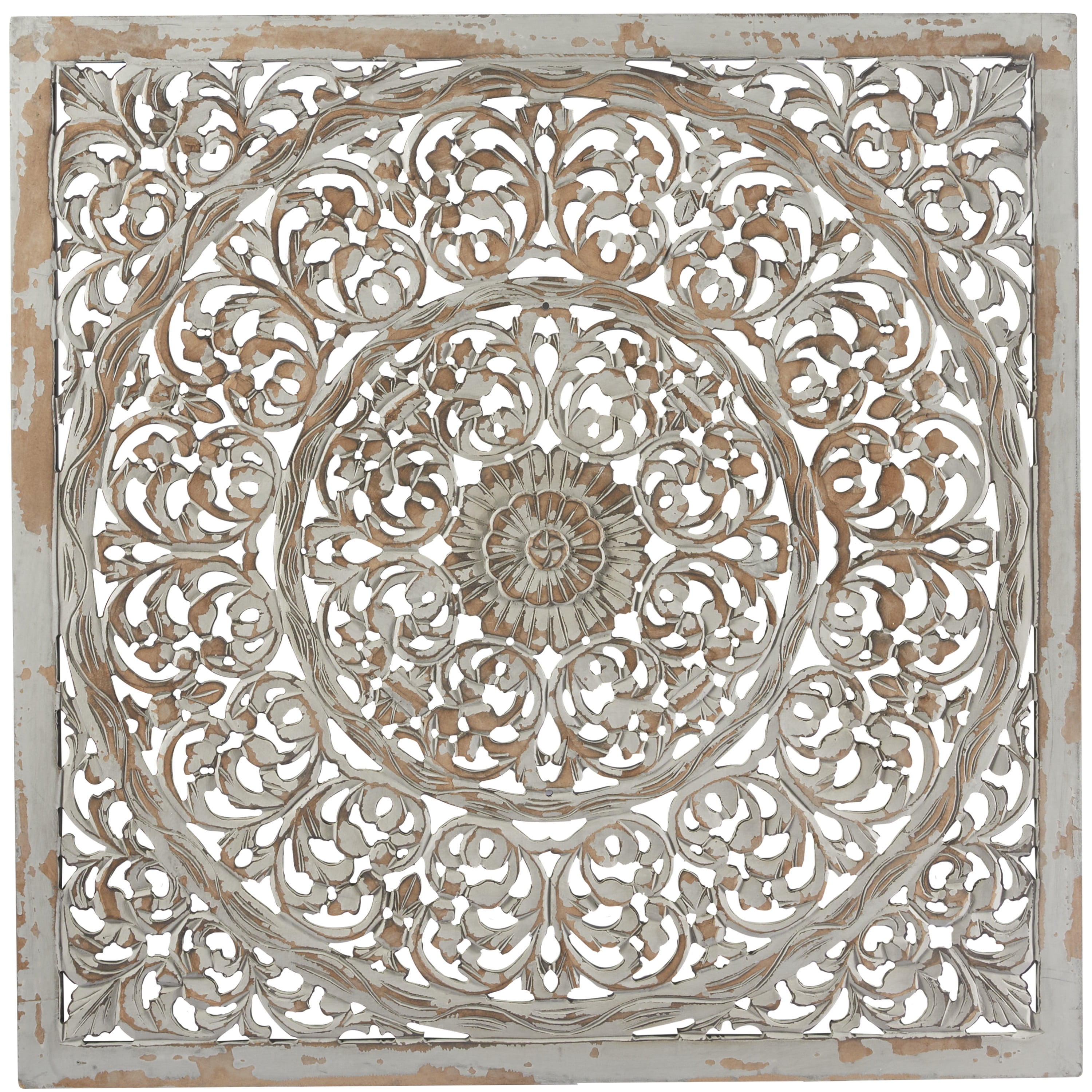 DecMode Brown Wood Handmade Intricately Carved Floral Wall Decor with