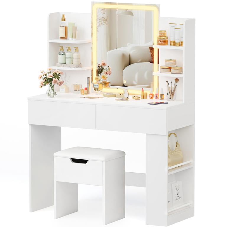 Lacoo Makeup Vanity Set with Lighted Mirror & Storage Stool, 3 Color Dimmable LED Dressing Table with Drawers & Shelves for Bedroom, White