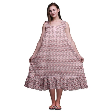 

Bimba Pig Pink Floral Leaves & Bunchberry Printed Cotton Nightgowns For Women Sleeveless Gown Sleepwear Maxi Dress Medium