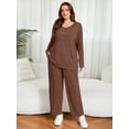 thumbnail image 3 of SHOWMALL Women's Plus Size Outfit Set for Fall/Winter/Spring – 2 Piece Ribbed Lounge Set, Brown 1X Loose Fit Top and Relaxed Pants, Soft Home Loungewear, 3 of 8