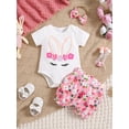 thumbnail image 2 of Infant Baby Girl Easter 3Pcs Outfit Bunny Print Short Sleeve Romper with Flower Shorts and Bow Headband Set, 2 of 7