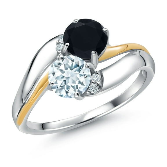 Gem Stone King 925 Sterling Silver and 10K Yellow Gold Sky Blue Aquamarine Black Onyx 5MM Round 2 Stone and Lab Grown Diamond Accent Ring for Women (1.00 Cttw, Size 6)