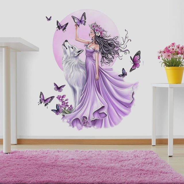 Adhesivos de pared con diseño floral de lobo y luna, PVC, 25 x 70 cm