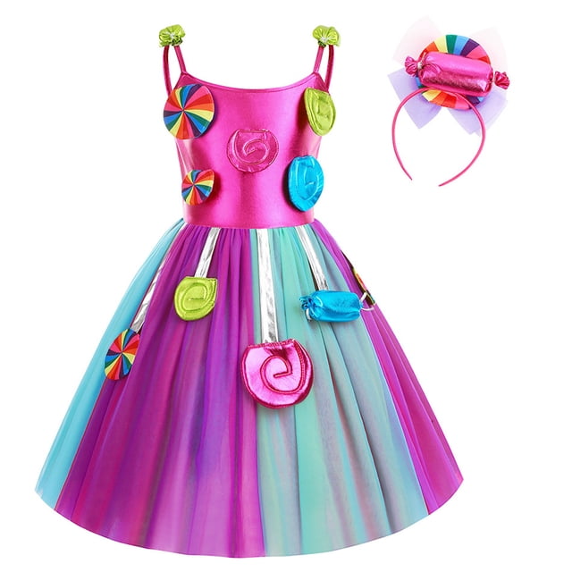 Robes en Maille Princess pour Filles avec Bandeau 2 Pcs Couleur Arc-en-Ciel Robe de Candyland Costume d'Anniversaire
