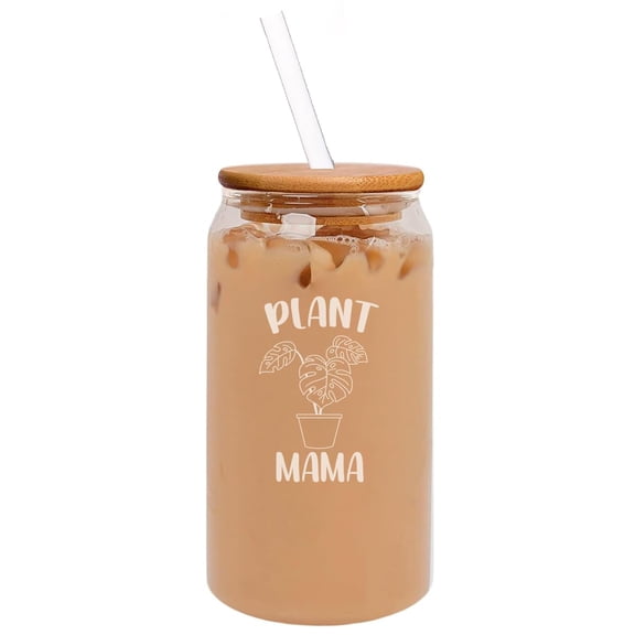 16oz Can Shaped Glass Iced Coffee Cup with Bamboo Lid and Straw Gift Plant Mama Funny Plant Mom Plant Lover