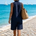 thumbnail image 4 of Women's Cotton Linen Outfit Stand Collar Sleeveless Henley Top Knee Length Bermuda Shorts Casual Set Dark Blue XL, 4 of 4