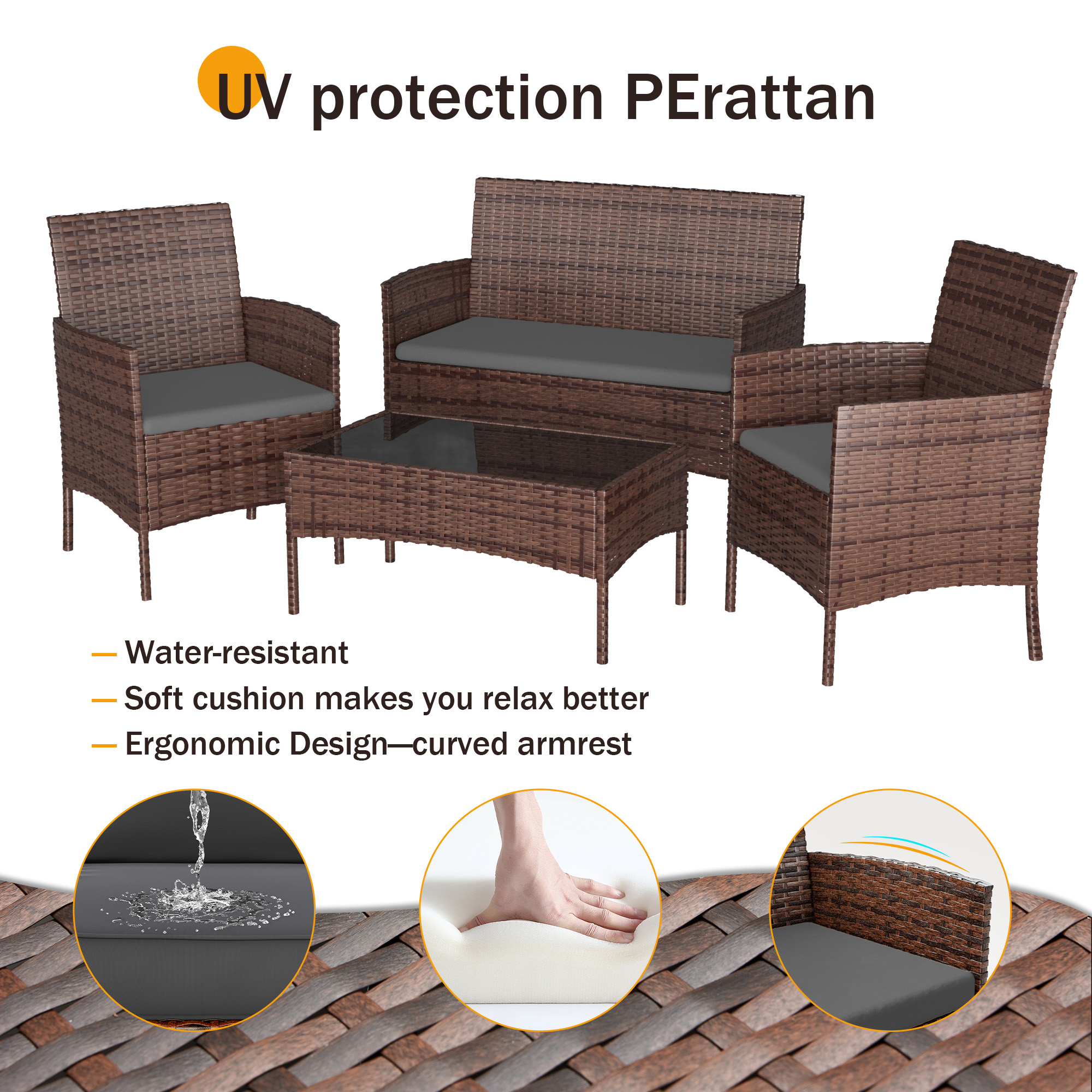 MRUAKA Patio Furniture Set 4 Pieces Porch Furniture Outdoor Modular Wicker Patio Sectional Conversation Furniture Set for Backyard,Porch,Garden,Poolside and Balcony(Grey)
