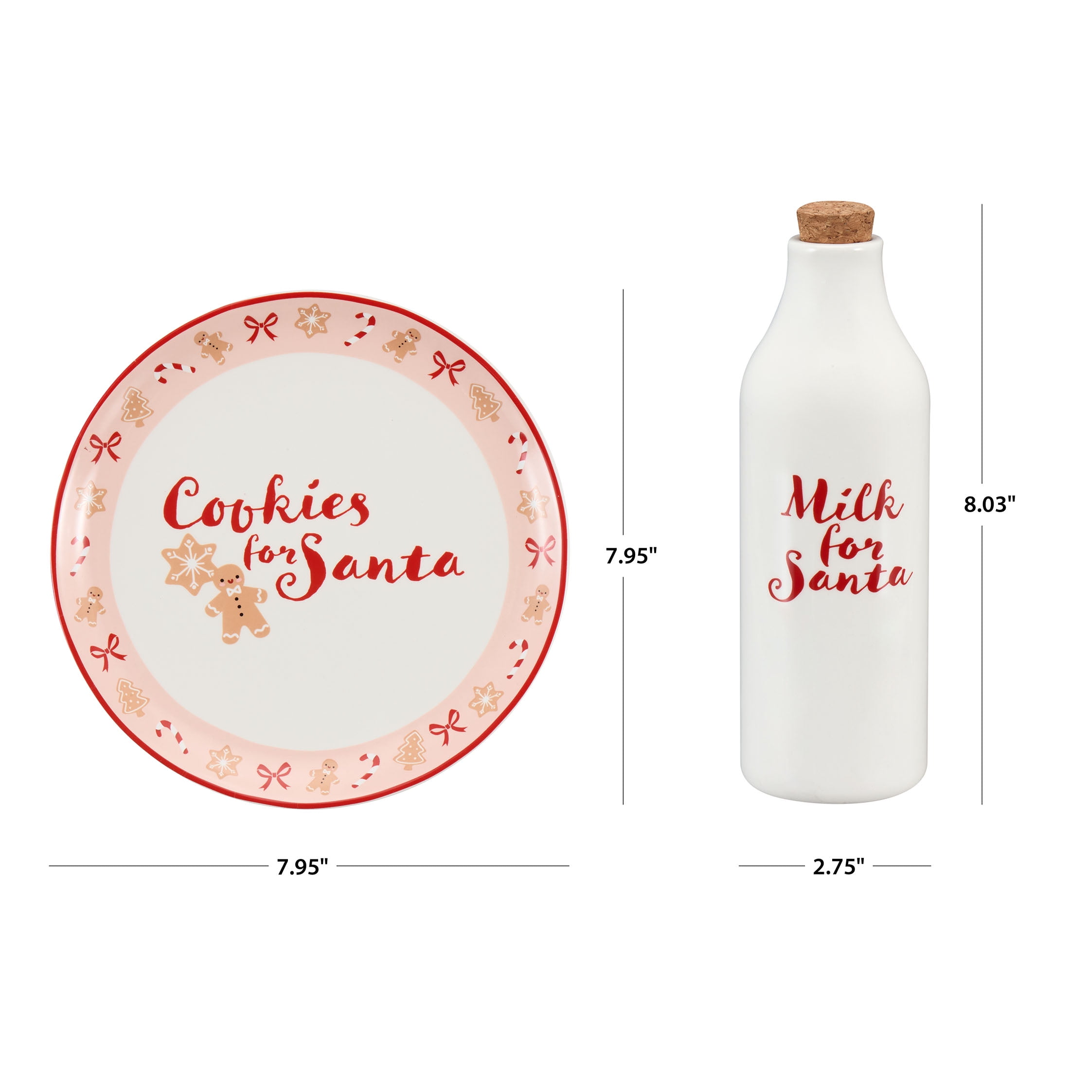 Holiday Time Multicolor Round Glazed Earthenware Ceramic Santa Cookie Plate with Corked Milk Bottle