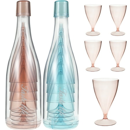 

5Pcs Stackable Champagne Cups Set Reusable Plastic Wine Flutes with Large Bottle Transparent Red Wine Cups Portable Lightweight Plastic Wine Glasses for Party Wedding Birthday
