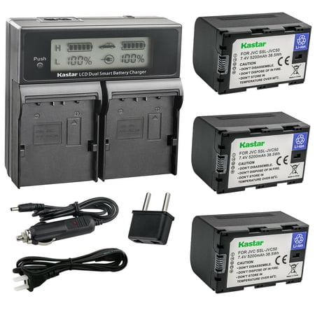 Kastar 3-Pack SSL-JVC50 Battery and CH04 LCD Dual Fast Charger Compatible with JVC GY-HM250 GY-HM250SP GY-HM600 GY-HM600E GY-HM600EC GY-HM620U GY-HM650 GY-HM650U GY-HM650SC Camera