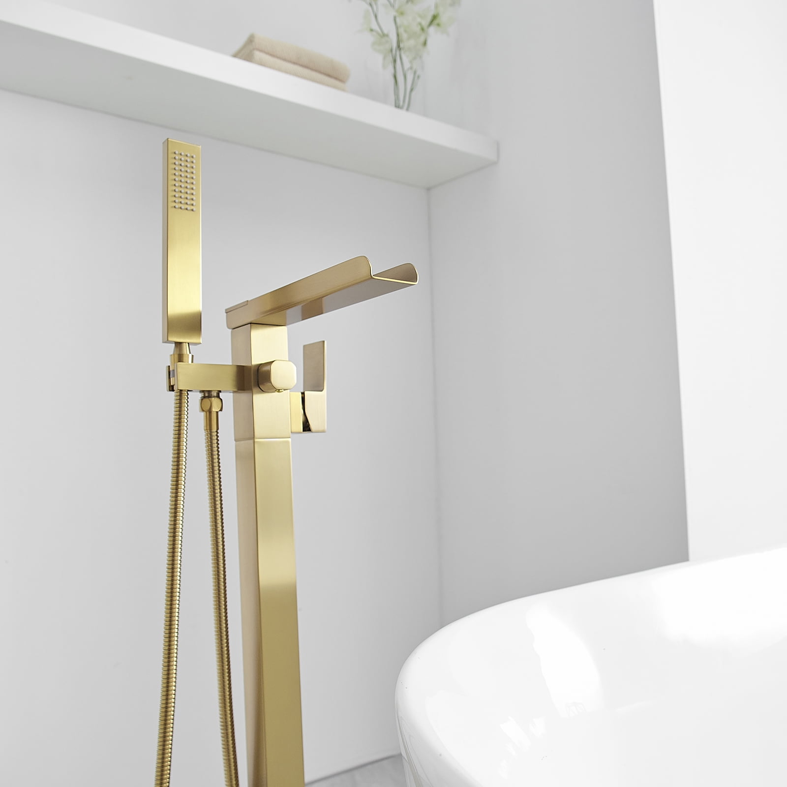 Single-Handle Floor Mount Freestanding Bathtub Faucet Waterfall Tub Filler with Handheld Shower in Brushed Gold