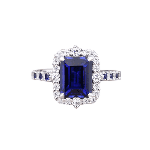 Emerlad Cut Blue Sapphire & Diamond Halo Wedding Ring in 925 Sterling Silver - September Birthstone - Anniversary Ring