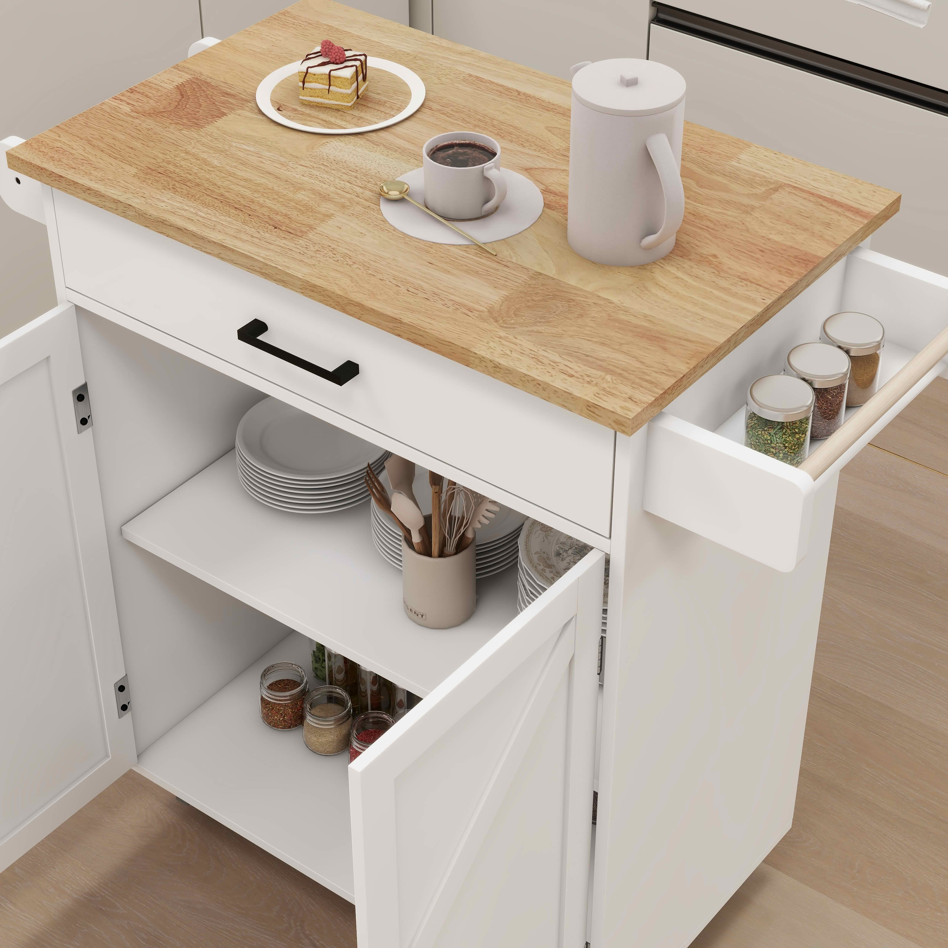 MAYEERTY Kitchen Island Rolling Trolley Cart, Rubber Wood Top with Adjustable Shelves Towel Rack Seasoning Rack White
