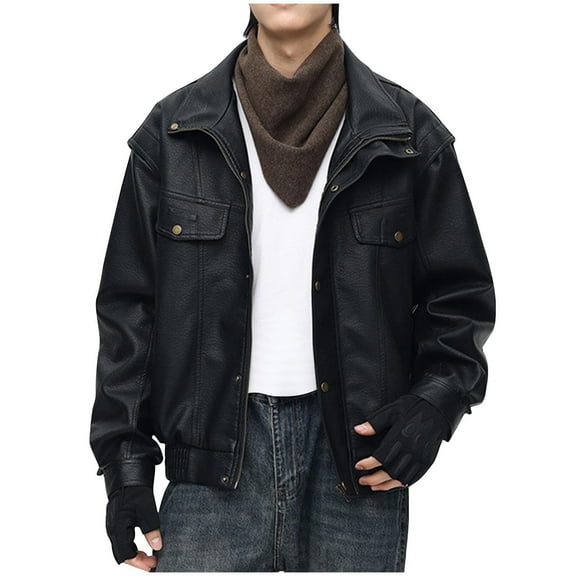 Mens Big & Tall PU-Leather Jackets Plus Size M-4X Long Sleeve Coats with Pockets Trendy Solid Button-Down Zip Up Collared Motorcycle Outerwear Jacket