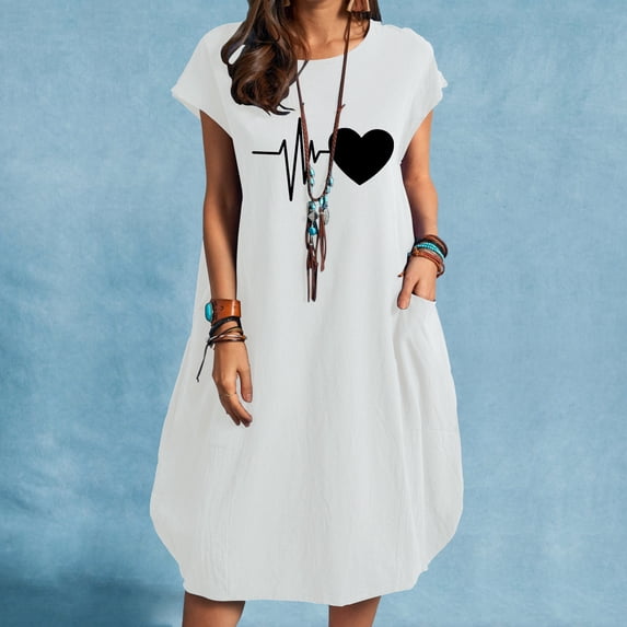 ClodeEU Fashion Women Casual O- Neck Love Print Plus Size Pocket Dress White 4(S)