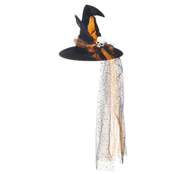 EliteGoogv Women's Halloween Witch Hat Gothic Pointed Wide Brim Party Hat with Skull Accent and Mesh Veil Masquerade Dress Hat for Adults