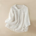thumbnail image 2 of Solid Color Cotton Linen Blouse for Women V-Neck 3/4 Sleeves Vintage Tops Loose Embroidery Casual Shirts, 2 of 6