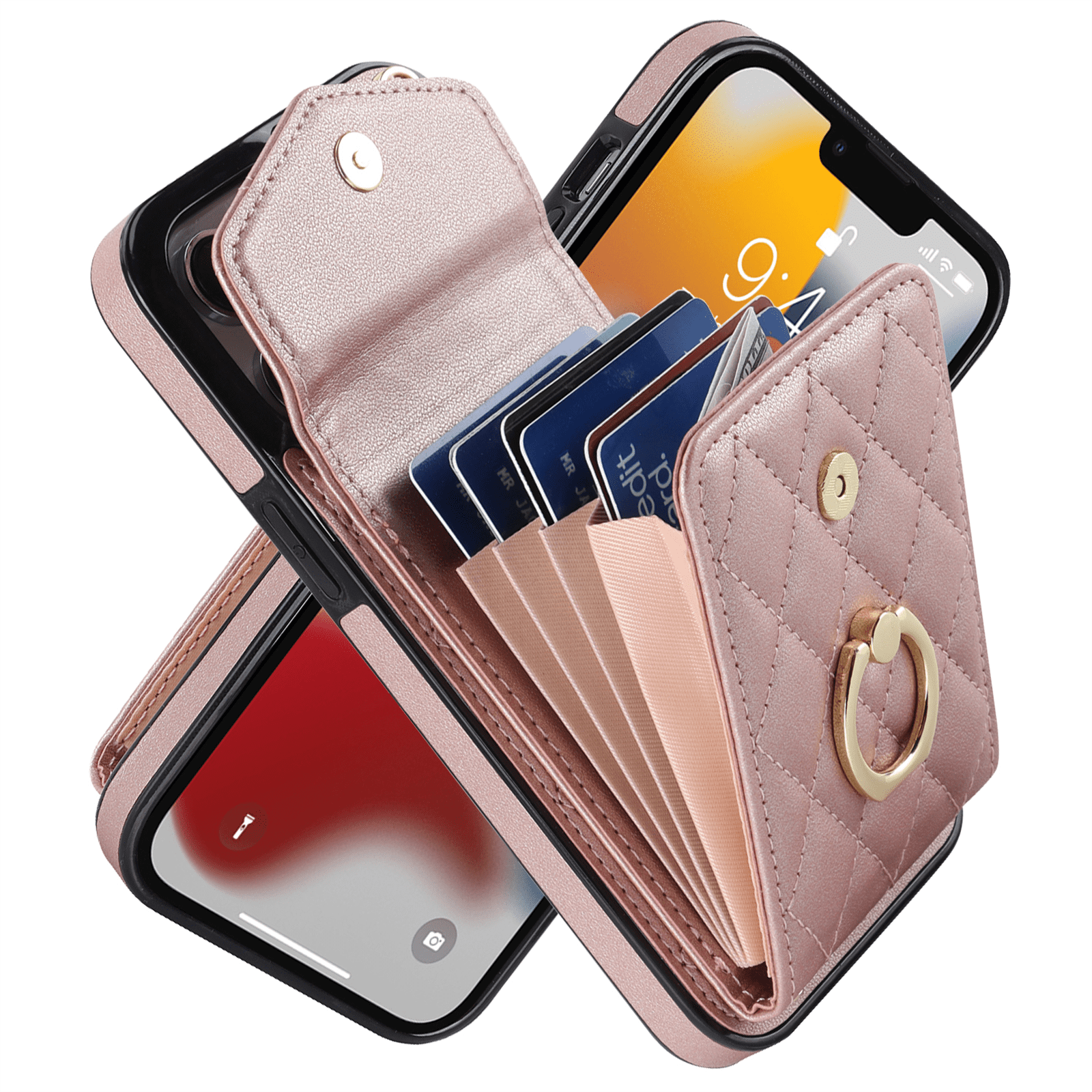 Asuwish Wallet RFID Blocking PU Leather Cell Phone Case with Tempered Glass Screen Protector, Wrist Strap for iPhone 13 Pro Max, Rose Gold