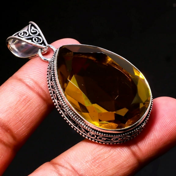 Citrine Gemstone Pendant Handmade Unique Design Pear Shape Vintage Jewelry 2.30"