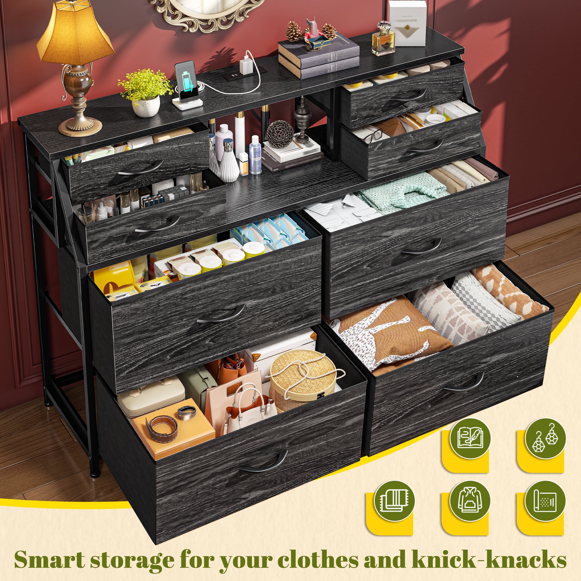 EnHomee Dresser for Bedroom with Power Strip & LED Lights Fabric Dresser with Open Shelves Chest of Drawers for Living Room, Black