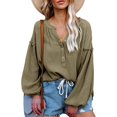 thumbnail image 4 of Women V Neck Balloon Sleeve Shirt, Single Breasted Loose Casual Cotton Lantern Long Sleeve Women Pullover Top Comfortable For Work, 4 of 6
