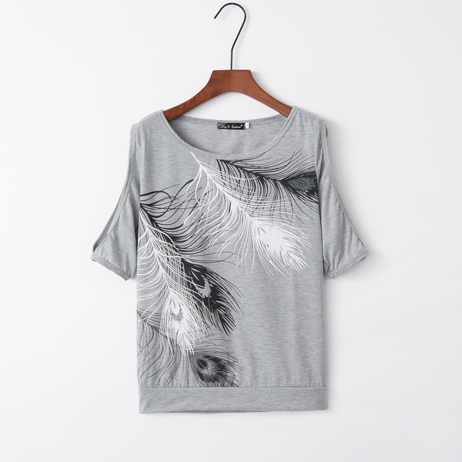 2018 European And American New Feather Print Off-The-Shoulder L Short Sleeve T-Shirt -