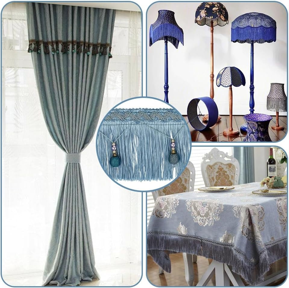 6m/6.6 Yards Hanging Beads Fringe Trim 4.4 Inch Wide Beaded Tassel Lace Sky Blue Bead Fringe Ribbon Hanging Ball Fringe Trim Ribbon for DIY Crafts Clothing Curtain Table Home Decor