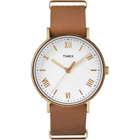 Timex Men's Southview 41 White/Rose Gold-Tone Watch, Tan Leather Strap