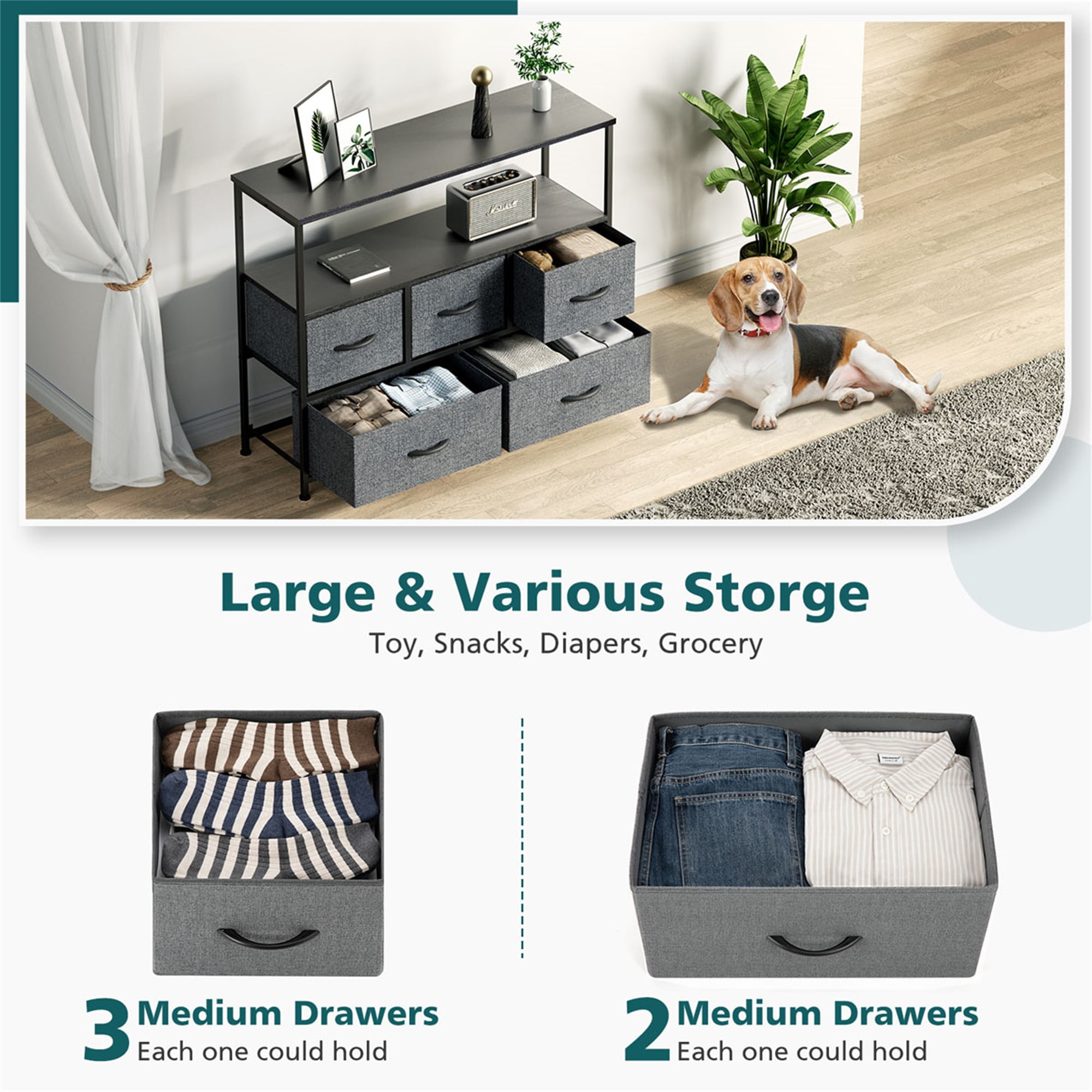 Kadyn Chest of Drawers ,TV Stand for Bedroom with Drawers,Entertainment Center with Open Display Metal Shelf 5 Fabric Storage Dresser ,Gray Kadyn Chest of Drawers ,TV Stand for Bedroom with Drawers,Entertainment Center with Open Display Metal Shelf 5 Fabric Storage Dresser ,Gray