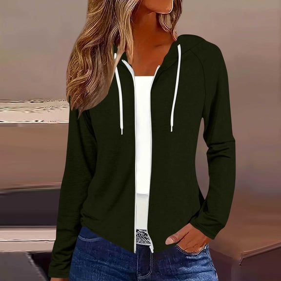 Wovilon Women's Full Zip Hooded Sweatshirt, Long Sleeve Drawstring Hoodie with Zipper, Lightweight Solid Color Casual Jacket, Stretch Soft Top for Spring Fall