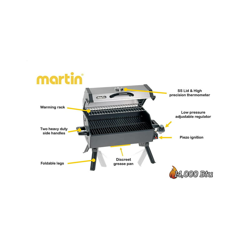 Martin 14,000 BTU Portable Small Tabletop Outdoor Propane Bbq Gas Grill  with Support Legs and Grease Pan - Multicolored
