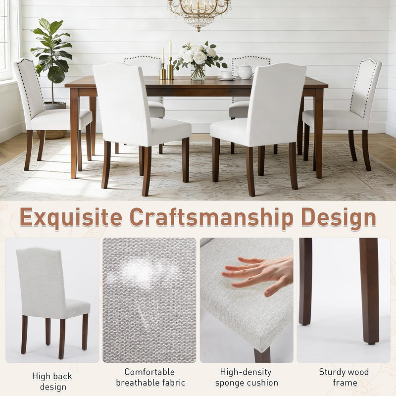 BEAUTYPEAK Dining Chairs Set of 2 Upholstered Parsons Chairs with Nailhead Trim Padded Linen Seats and Wood Legs, Gray