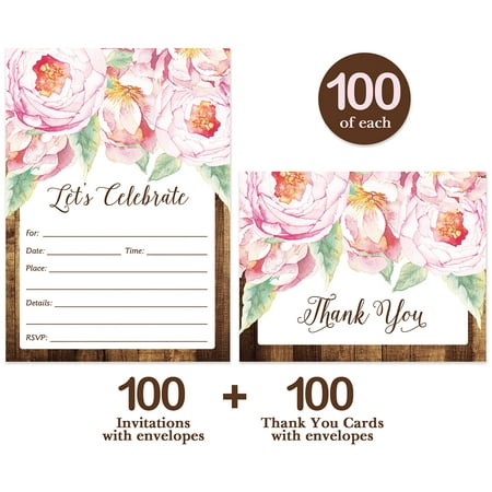 All Occasion Invitations ( 100 ) & Thank You Cards ( 100 ) Matched Set with Envelopes Pink Flowers Rustic Fill-in-Style Guest Invites & Folded Thank You Notes Best Value for Large Event