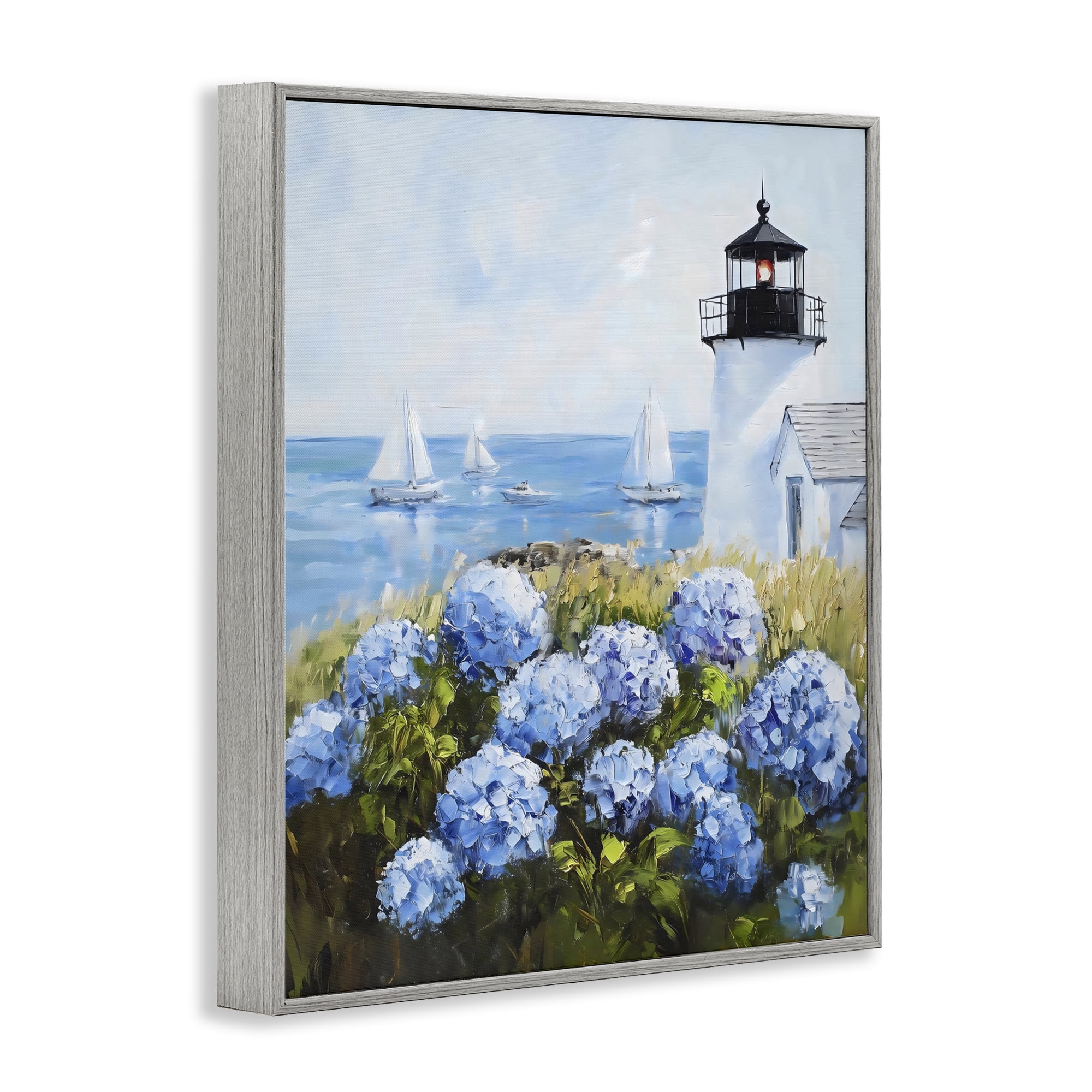 Stupell Industries Lighthouse Surrounded by Hydrangeas Gray Framed Giclee Art, design by Arlington Prints