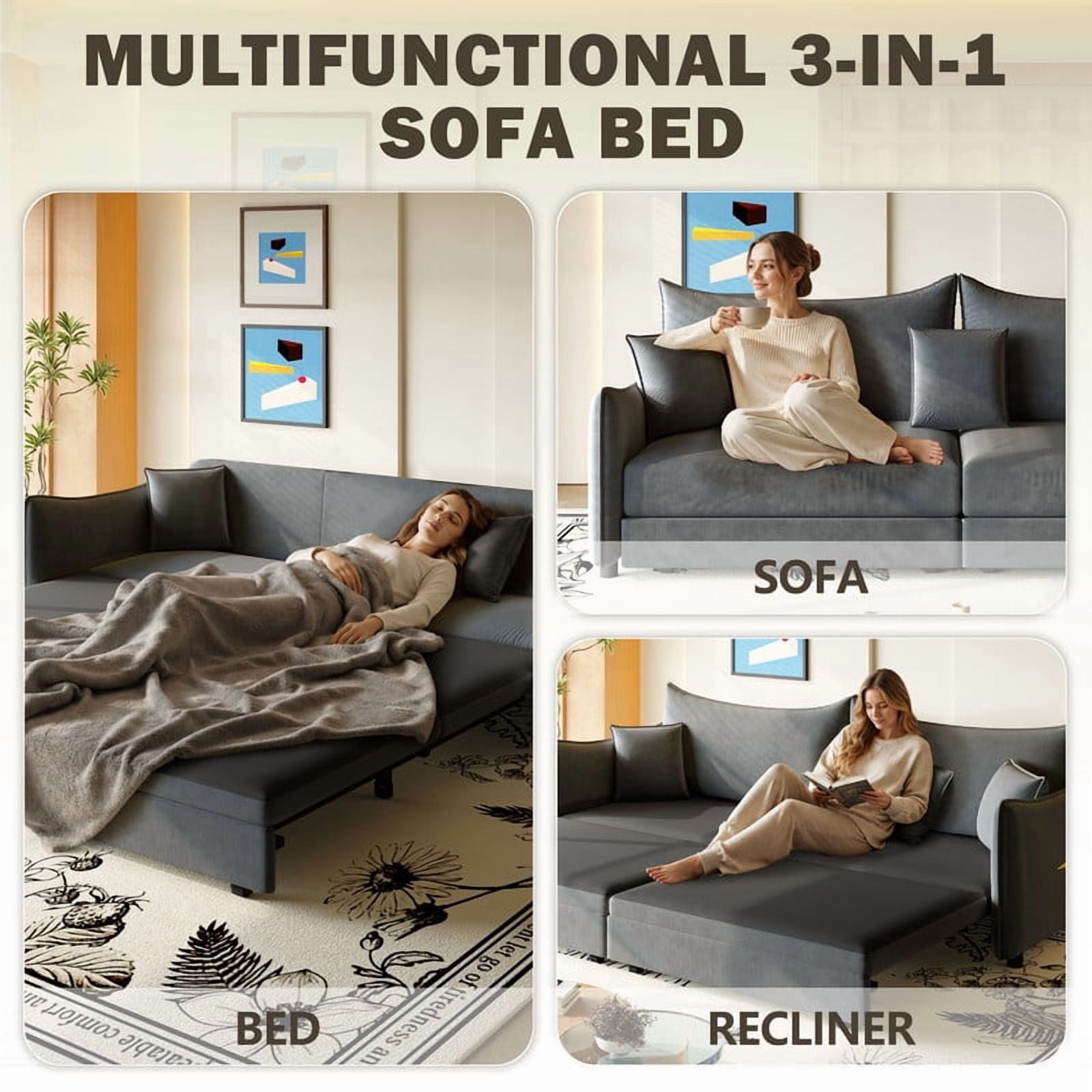 3-in-1 Convertible Pull Out Sofa Bed, 81.9'' King Size Sleeper Sofa Bed with Golden Accent Trim, Velvet 3-Seater Couch with 3 Pillows for Living Room, Small Space, Apartment