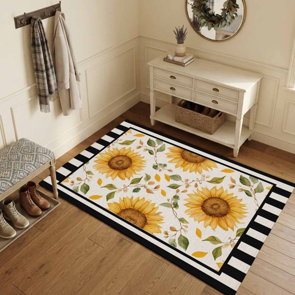 Area Rugs 3'x5', Sunflowers Carpet Runner Indoor Outdoor Rugs Home Decor Aesthetic, Farmhouse Botanical Floral Leaves Black Stripes Non Slip Mats Washable Accent Rug for Living Room Bedroom