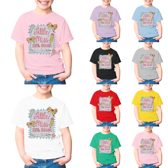 Arlun Kids Girls First Day of School T-Shirt Little Miss 5th Grade Back to School Short Sleeve Graphic Tee Casual Crew Neck Cute Cartoon Print Casual Tops Classroom Wear 160