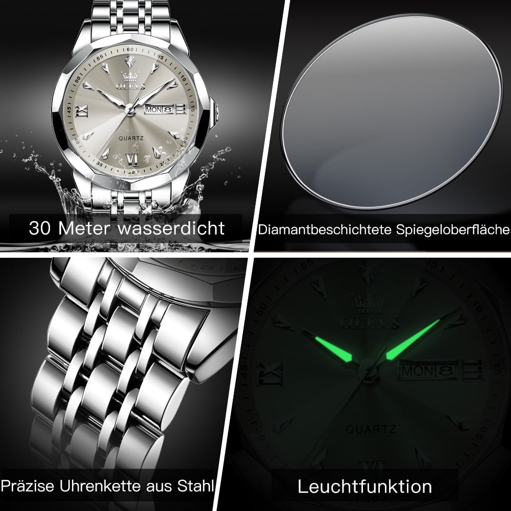OLEVS Watches for Men Diamond Business Dress Classic Casual Analog Quartz Stainless Steel Waterproof Luminous Date Men Wrist Watches Reloj Para Hombre Gray Dial
