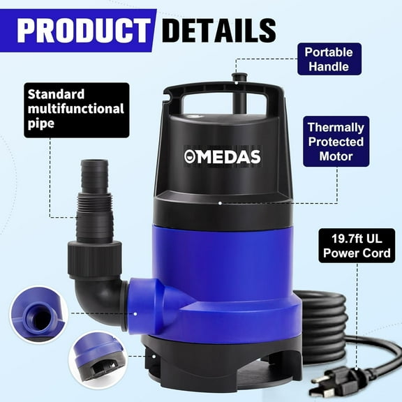 1HP 3434 GPH Sump Pump Submersible Clean/Dirty Water Pump Portable Utility Pump with 16.4ft Cord for Swimming Pool Garden Basement Tub Pond Draining