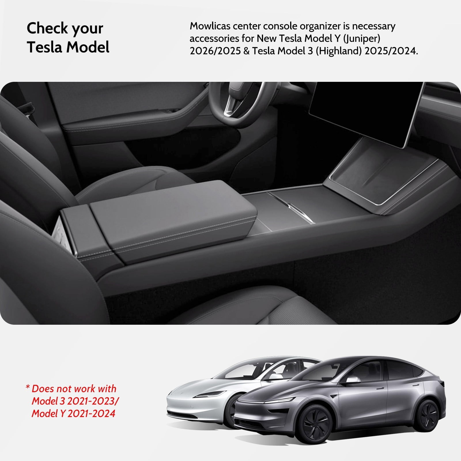 MOWLICAS Food-Grade Silicone Center Console Organizer, Tesla New Model Y 2026/2025 (Juniper) & Model 3 2024-2026 (Highland) Accessories, Bigger Divider Design for Maximize Space (Black)