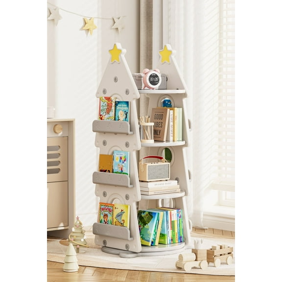 KORIMEFA 4 Tier Rotating Bookshelf Tower For Kids, 360° Display Christmas Tree Rotating Bookshelf, Small Bookcase for Small Spaces, Kids Tree Book Shelf for Kids Rooms, Classroom, Nursery