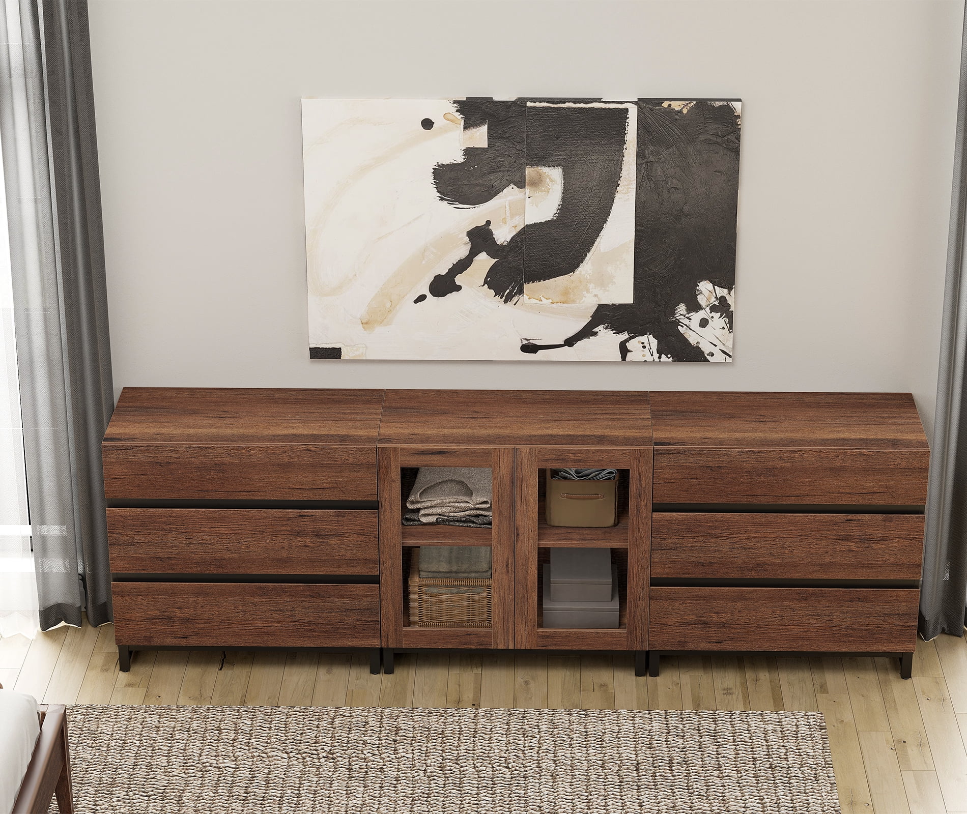 3 In 1 Multifunctional Dresser with Glass Doors & 6 Drawers, Modern Chest of Drawers with Adjustable Shelf and Metal Base, Household Storage Cabinet for Bedroom,Brown