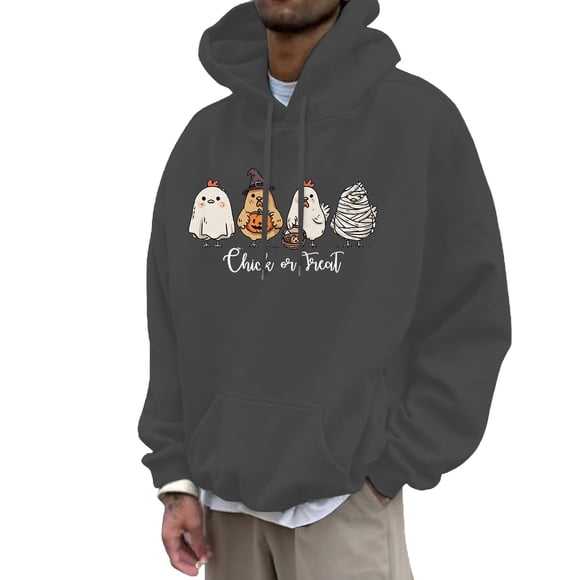 LUOGENLI Hoodies for Men Zip up Navy Blue Men's Halloween Chicken Print Hoodie Casual Loose Fit Pullover Sweatshirt for Autumn Winter Comfortable Streetwear Grey2 Size XL