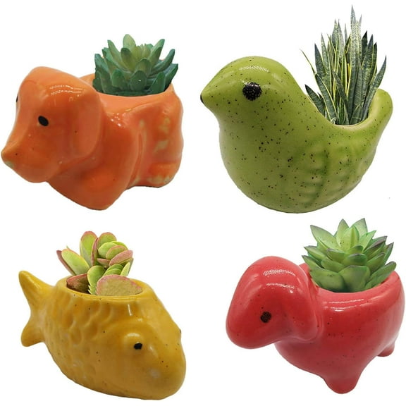 India Meets India Ceramic Flower Pot Planter Plant Pot Indoor Planter Handicraft by Awarded Indian Artisan (Dog, Sheep, Bird and Fish (Set of 4))